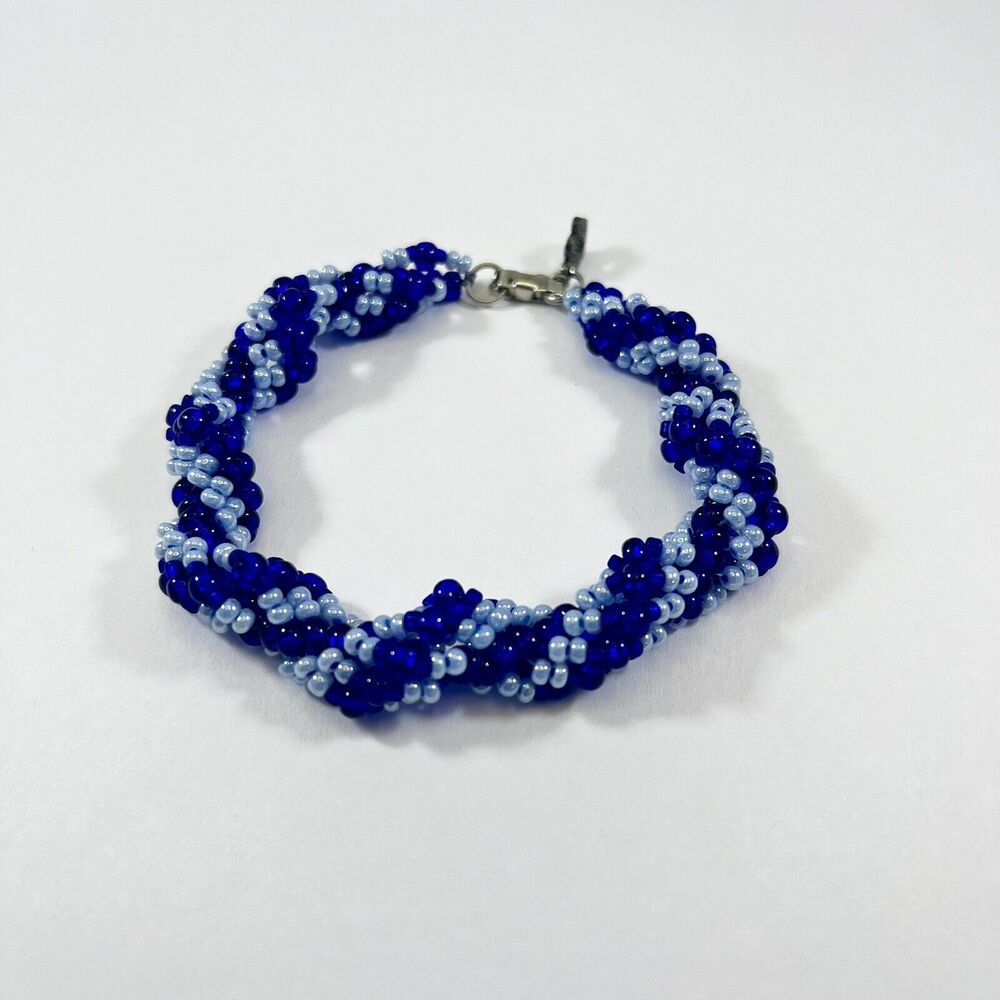 Blue Beaded Bracelet Twisted Seed Beads Light Dark Blue 8" Boho Jewelry